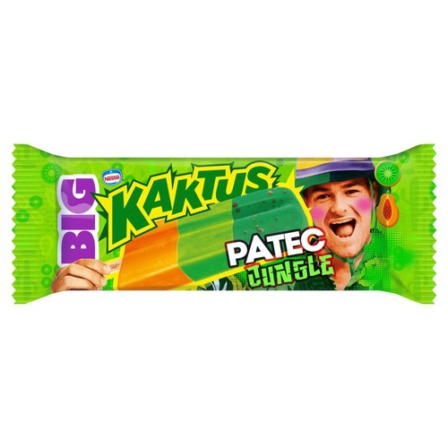 Zielone opakowanie loda na patyku Nestle BIG Kaktus PATEC JUNGLE. Na etykiecie widoczna grafika loda w kształcie kaktusa, w kolorach zielonym i pomarańczowym. Obok loda uśmiechnięta twarz mężczyzny oraz ilustracje kiwi i papai.