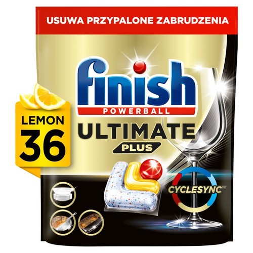 Opakowanie tabletek do zmywarki Finish Ultimate Plus Lemon, 36 sztuk. Skutecznie usuwa przypalone zabrudzenia.