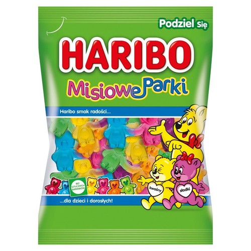 Haribo Misiowe Parki w zielonej torebce. Zawiera różnokolorowe żelki misie, słodkie i kwaśne. Opakowanie informuje, że są bez sztucznych barwników i dla dzieci i dorosłych.