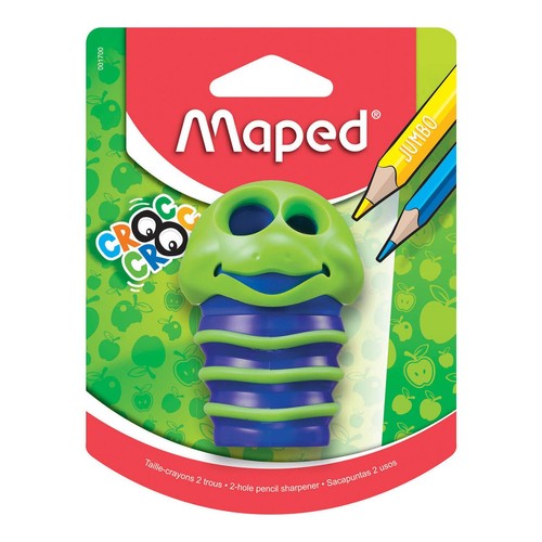 Temperówka Maped Croc Croc z dwoma otworami. Ma zieloną głowę przypominającą żabę i niebieski korpus.