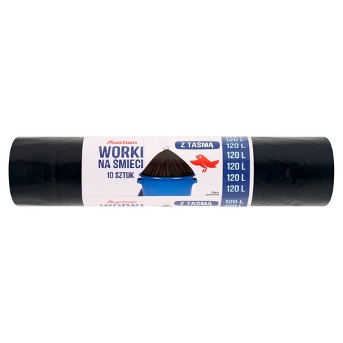 Worki na śmieci Auchan 120 L, 10 sztuk, z taśmą. Produkt w formie czarnej rolki z białą etykietą.
