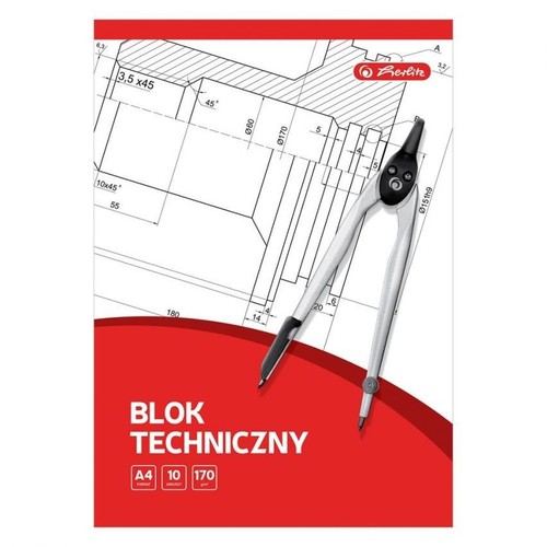 Blok techniczny marki Berlitz w formacie A4. Okładka przedstawia białe tło z fragmentem rysunku technicznego i srebrnym cyrklem z ołówkiem. Na dole czerwony pasek z napisem "BLOK TECHNICZNY", "A4", "10" arkuszy, "170" g/m².