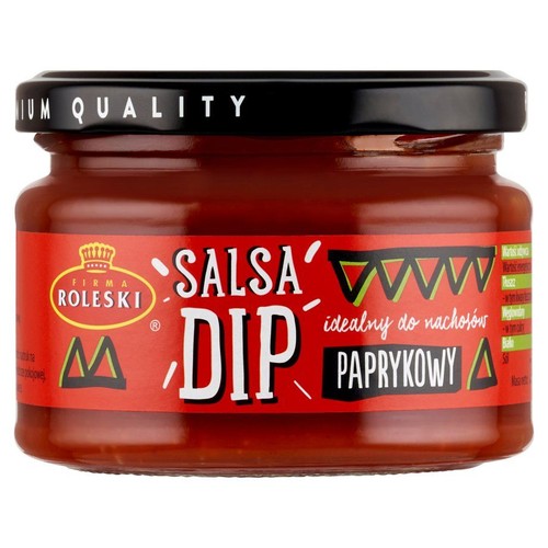 Dip paprykowy Roleski Salsa Dip w słoiku. Na czerwonej etykiecie napis "idealny do nachosów". Czarna zakrętka.