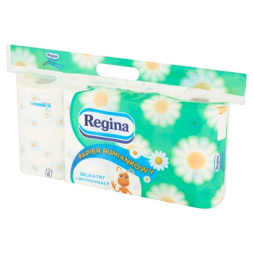 Zgrzewka 8 rolek papieru toaletowego Regina Rumiankowy. Przezroczyste opakowanie z zielonym wzorem w stokrotki.