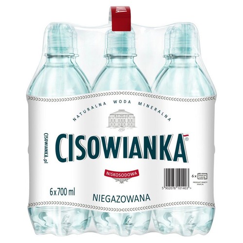 Zgrzewka sześciu przezroczystych butelek naturalnej wody mineralnej Cisowianka. Woda jest niskosodowa i niegazowana. Każda butelka zawiera 700 ml, co daje łącznie 4.2 litra produktu.
