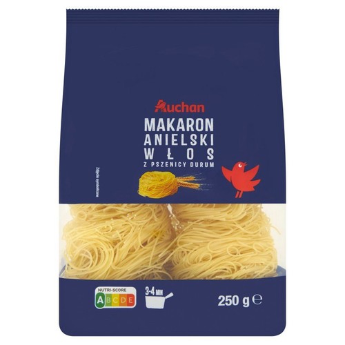 Makaron Anielski Włos Auchan z pszenicy durum, 250g. Opakowanie granatowe z przezroczystym oknem.