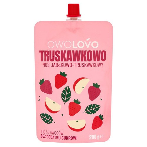 Opakowanie musu Owolovo Truskawkowo, 200g. Z ilustracjami truskawek i kawałków jabłek. Bez dodatku cukrów.