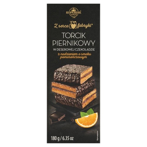 Kopernik Torcik Piernikowy 180 g. Ciemne opakowanie z piernikami w deserowej czekoladzie z nadzieniem pomarańczowym.