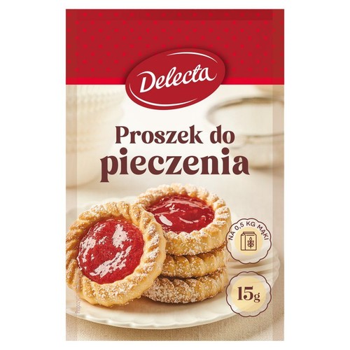 Opakowanie Delecta Proszek do pieczenia, 15g. Na opakowaniu grafika tartaletek z czerwonym nadzieniem.