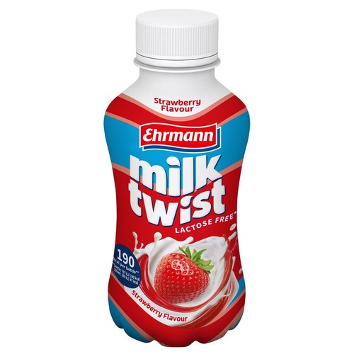 Napój mleczny Ehrmann Milk Twist bez laktozy, smak truskawkowy. Biała butelka z czerwoną i niebieską etykietą.