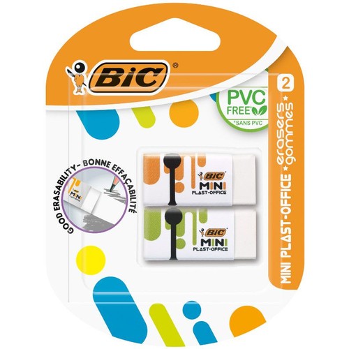 Opakowanie typu blister z dwiema białymi gumkami Bic Mini Plast-Office. Gumki mają kolorowe paski (pomarańczowy i zielony) i są oznaczone jako "PVC Free" (bez PVC) oraz "Good Erasability" (dobra ścieralność).