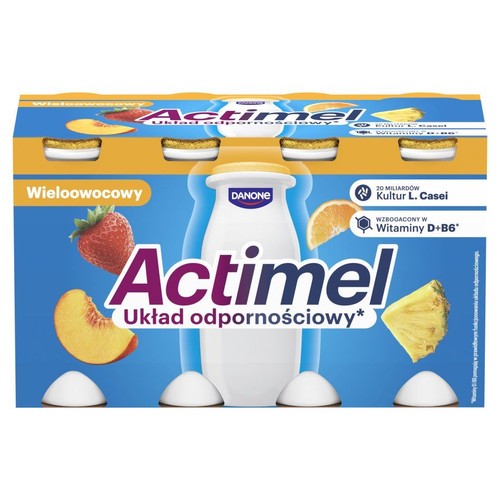 Karton Actimel Multifruit, 6 sztuk. Z witaminami D+B6 i kulturami L. Casei dla wsparcia odporności.