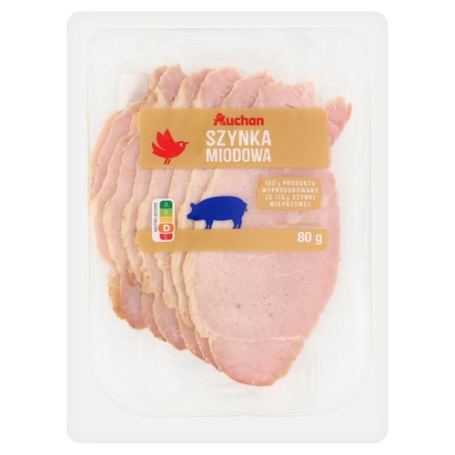Plastry szynki miodowej Auchan, 80g, zapakowane w przezroczystą tackę. Etykieta z nazwą produktu.