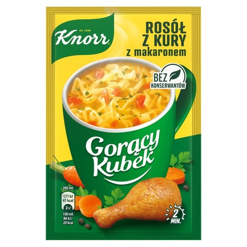 Knorr Gorący Kubek Rosół z kurczaka z makaronem w żółto-zielonej saszetce. Na opakowaniu grafika zielonego kubka z zupą, makaronem i marchewką, obok udko kurczaka. Produkt bez konserwantów, gotowy w 2 minuty.