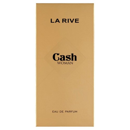 Opakowanie wody perfumowanej La Rive Cash Woman. Beżowy kartonik z napisem "Cash WOMAN" i "Eau de Parfum".