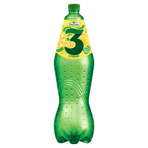 Napój Zbyszko 3 Cytryny w zielonej, teksturowanej butelce z zieloną zakrętką. Etykieta z cytrynami i napisem "20% soków".