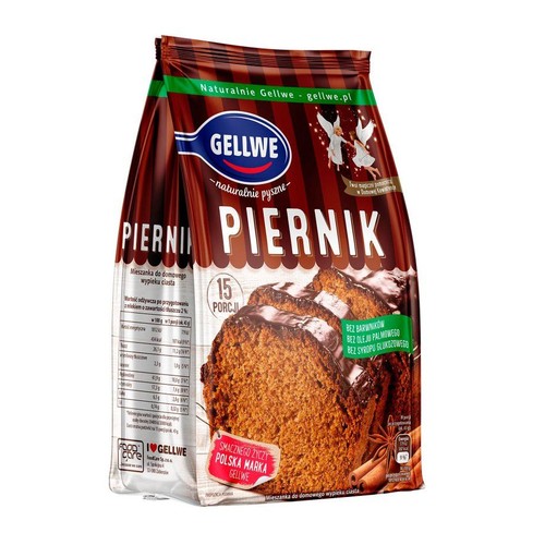 Mieszanka Gellwe Piernik na 15 porcji ciasta. Opakowanie z grafiką pokrojonego piernika. Bez barwników, oleju palmowego.
