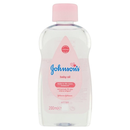 Przezroczysta butelka oliwki Johnson's Baby Oil 200 ml z różową nakrętką. Opakowanie ma białą etykietę z niebieskim napisem.