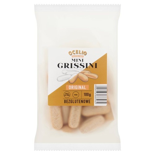 Opakowanie Ocelio Mini Grissini Original, 100g. Produkt bezglutenowy, wegański, bez oleju palmowego. W środku jasne paluszki.