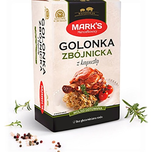 Kartka z Golonką Zbójnicką Mark's z kapustą. Produkt wolno gotowany, gotowy w 30 minut, bez glutaminianu sodu.