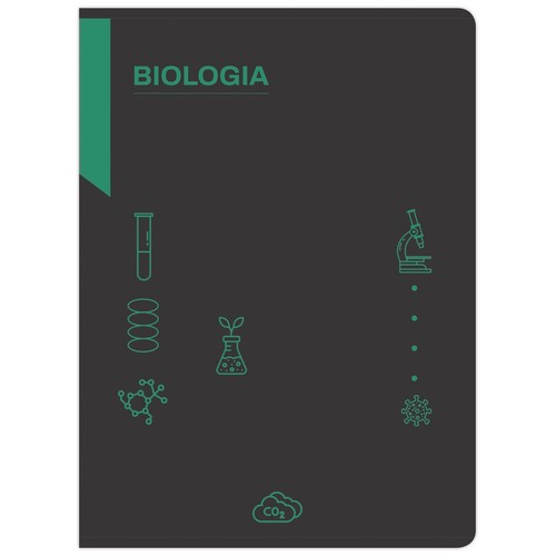 Zeszyt z okładką w kolorze ciemnoszarym, ozdobioną zielonym napisem "BIOLOGIA" i zestawem zielonych ikon. Ikony przedstawiają probówkę, mikroskop, kolbę z rośliną, molekułę, wirusa i chmurę CO2.