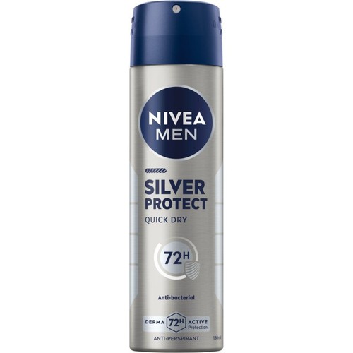 Srebrna puszka antyperspirantu NIVEA MEN Silver Protect 150 ml. Na opakowaniu widnieje logo NIVEA MEN i nazwa Silver Protect.