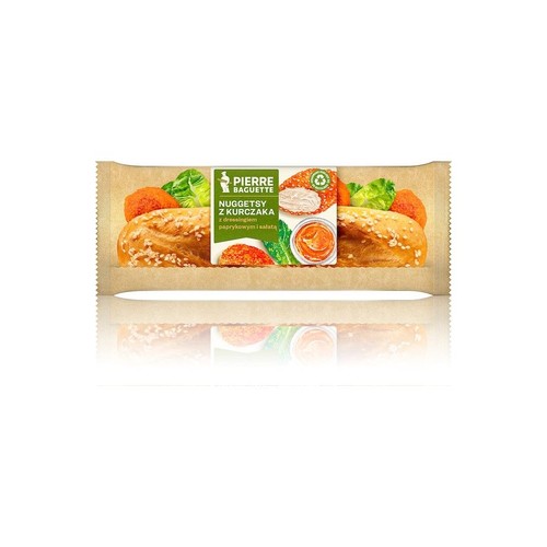 Opakowanie Pierre Baguette z nuggetsami z kurczaka, dressingiem paprykowym i sałatą. Na grafice bułki, nuggets, sałata i sosy.