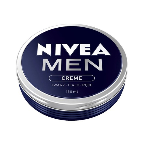 Okrągła, granatowa puszka kremu Nivea Men Creme o pojemności 150 ml. Na wieczku widnieje biały napis "NIVEA MEN CREME" oraz informacja "TWARZ • CIAŁO • RĘCE". Produkt przeznaczony do pielęgnacji męskiej skóry.