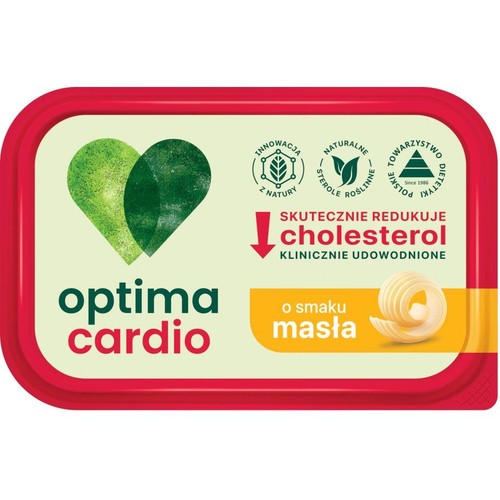 Optima Cardio w czerwonym opakowaniu z zielonymi sercami. Produkt z naturalnymi sterolami roślinnymi, redukujący cholesterol. Smak masła.