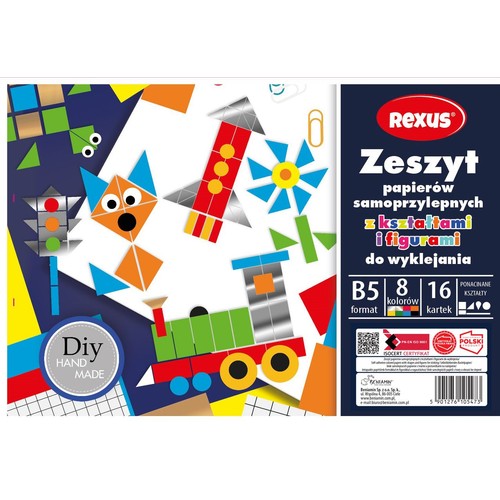 Zeszyt papierów samoprzylepnych Rexus, format B5, 8 kolorów, 16 kartek z ponacinanymi kształtami do wyklejania. Na okładce przykłady figur: kot, rakieta, pociąg, sygnalizacja świetlna. Idealny do DIY.