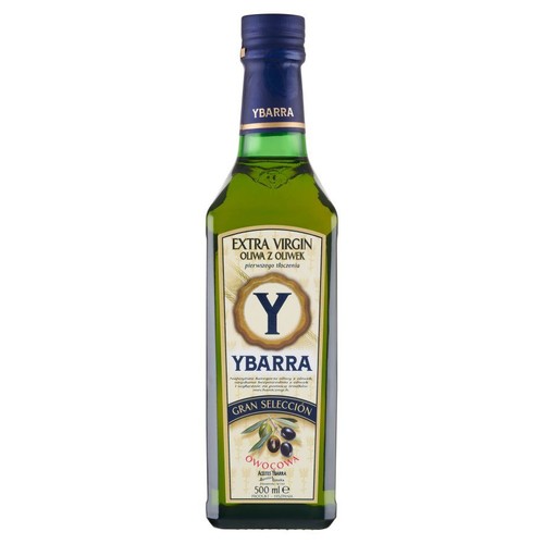 Butelka oliwy YBARRA Extra Virgin, 500 ml. Oliwa z oliwek pierwszego tłoczenia, owocowa. Zielone szkło, niebieska etykieta.