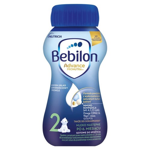 Niebieska butelka Bebilon Advance Pronutra 2, mleko dla dzieci po 6 miesiącu. Z immuno-kompozycją i Omega 3 i 6.