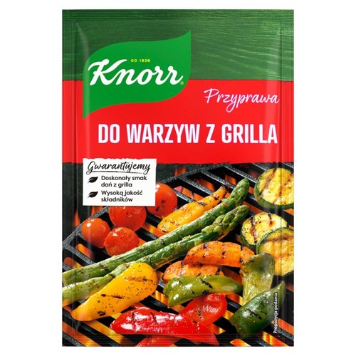 Saszetka przyprawy Knorr do warzyw z grilla. Górna część opakowania jest zielona z logo Knorr, dolna czerwona z napisem "DO WARZYW Z GRILLA". Poniżej grafika przedstawiająca grillowane warzywa: paprykę, szparagi, cukinię i pomidory.