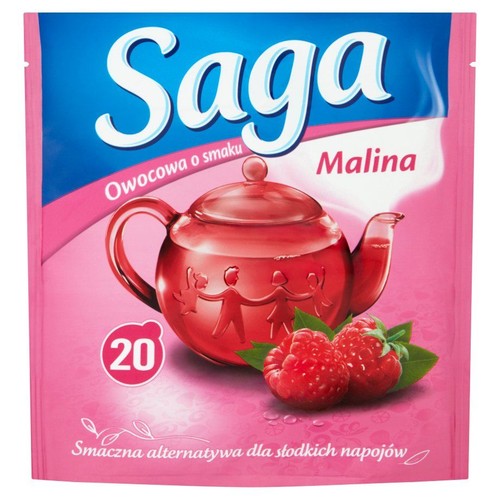 Opakowanie herbaty owocowej Saga o smaku malinowym. Na różowo-niebieskim tle czerwony dzbanek i maliny. Zawiera 20 sztuk.