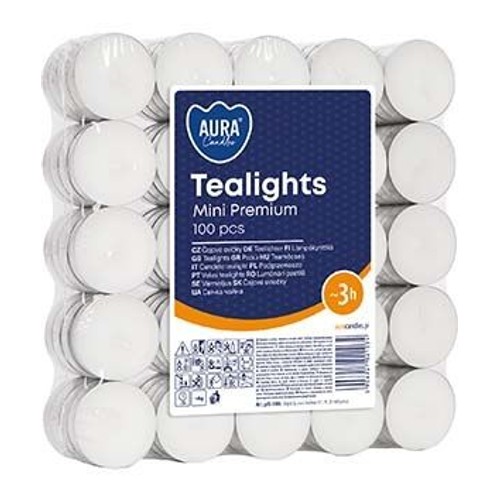 Zestaw 100 białych świeczek typu tealight AURA Candle Mini Premium. Świeczki mają czas palenia około 3 godzin.