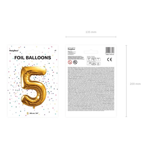 Balon foliowy Cyfra '5' 86cm złoty (1 op. / 1 szt.) PartyDeco 1 sztuka
