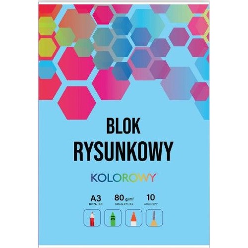 Niebieski blok rysunkowy KOLOROWY w formacie A3, zawierający 10 arkuszy papieru o gramaturze 80 g/m². Na okładce widnieje wzór z różnobarwnych heksagonów oraz ikony przedstawiające ołówek, kredkę, marker i nożyczki.