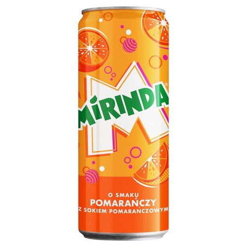 Puszka napoju Mirinda o smaku pomarańczowym. Pomarańczowe tło z grafiką plasterków pomarańczy i bąbelków.
