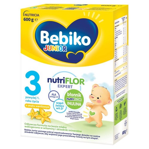 Nutricia Bebiko Junior 3, mleko modyfikowane waniliowe 600g. Dla dzieci powyżej 1. roku życia, z błonnikiem nutriFLOR INULINA i witaminami.