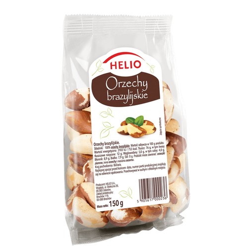 Orzechy brazylijskie HELIO w przezroczystej torebce 150g. Etykieta z nazwą i informacjami o produkcie.