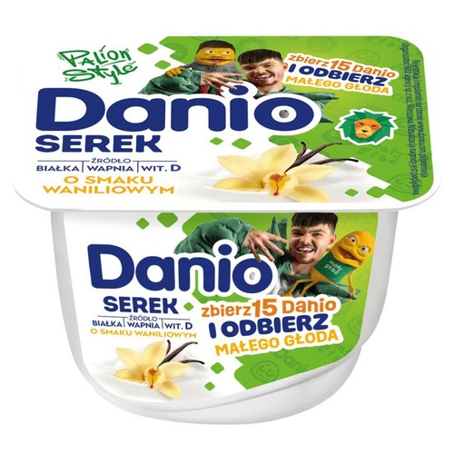 Serek Danio o smaku waniliowym. Bogaty w białko, wapń i witaminę D. Na etykiecie grafika wanilii i postaci z akcji.