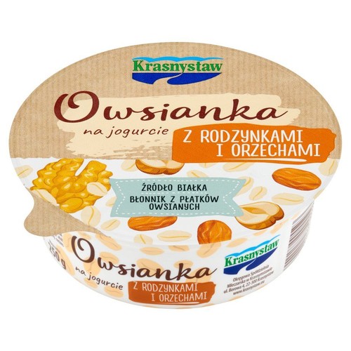 Opakowanie owsianki na jogurcie Krasnystaw. Zawiera rodzynki i orzechy. Bogata w białko i błonnik. 250g.