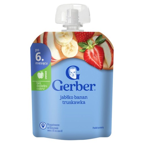 Niebieska saszetka Gerber z musem owocowym jabłko, banan, truskawka. Produkt przetarty, przeznaczony dla dzieci od 6. miesiąca życia. Na opakowaniu widnieje grafika świeżych owoców. Informacja "bez dodatku cukru".