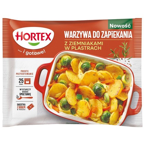 Opakowanie Hortex Warzywa do zapiekania z ziemniakami w plastrach. Na opakowaniu grafika zapiekanki z warzywami.