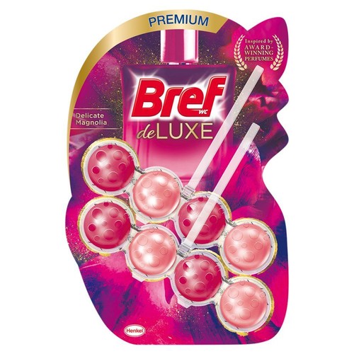Bref WC de Luxe Delikatna Magnolia, wkład do toalety. Różowe opakowanie z 8 kulkami czyszczącymi, inspirowany perfumami.