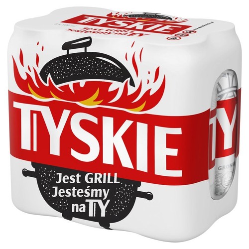 Zgrzewka czterech aluminiowych puszek piwa Tyskie. Opakowanie jest białe z dominującym czerwonym pasem i białym napisem Tyskie. Centralnie umieszczona czarna ilustracja grilla z płomieniami. Widoczny slogan "Jest GRILL Jesteśmy na TY".