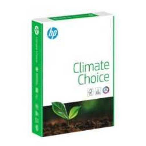 Białe opakowanie papieru HP Climate Choice z zielonym napisem i grafiką kiełkującej rośliny. Logo HP widoczne u góry.