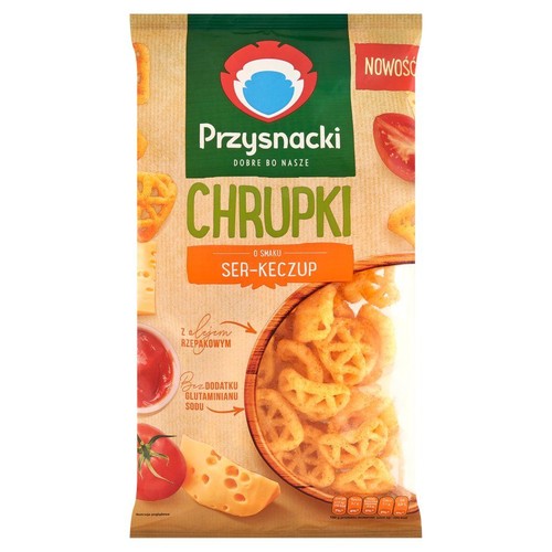Opakowanie chrupek Przysnacki o smaku ser-keczup. Produkt bez glutaminianu sodu, z olejem rzepakowym.