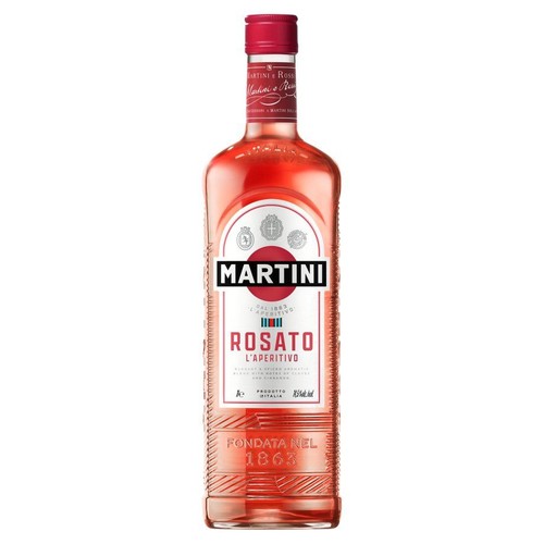 Martini Rosato, włoski wermut w przezroczystej butelce z czerwoną zakrętką. Etykieta zawiera logo Martini, nazwę "Rosato L'Aperitivo", informację o pojemności 750 ml i 15% alkoholu. Produkt z 1863 roku.
