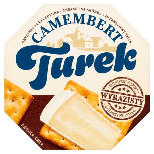 Camembert Turek o oryginalnej recepturze, aksamitnej skórce i intensywnym smaku. Na opakowaniu propozycja podania z krakersami.